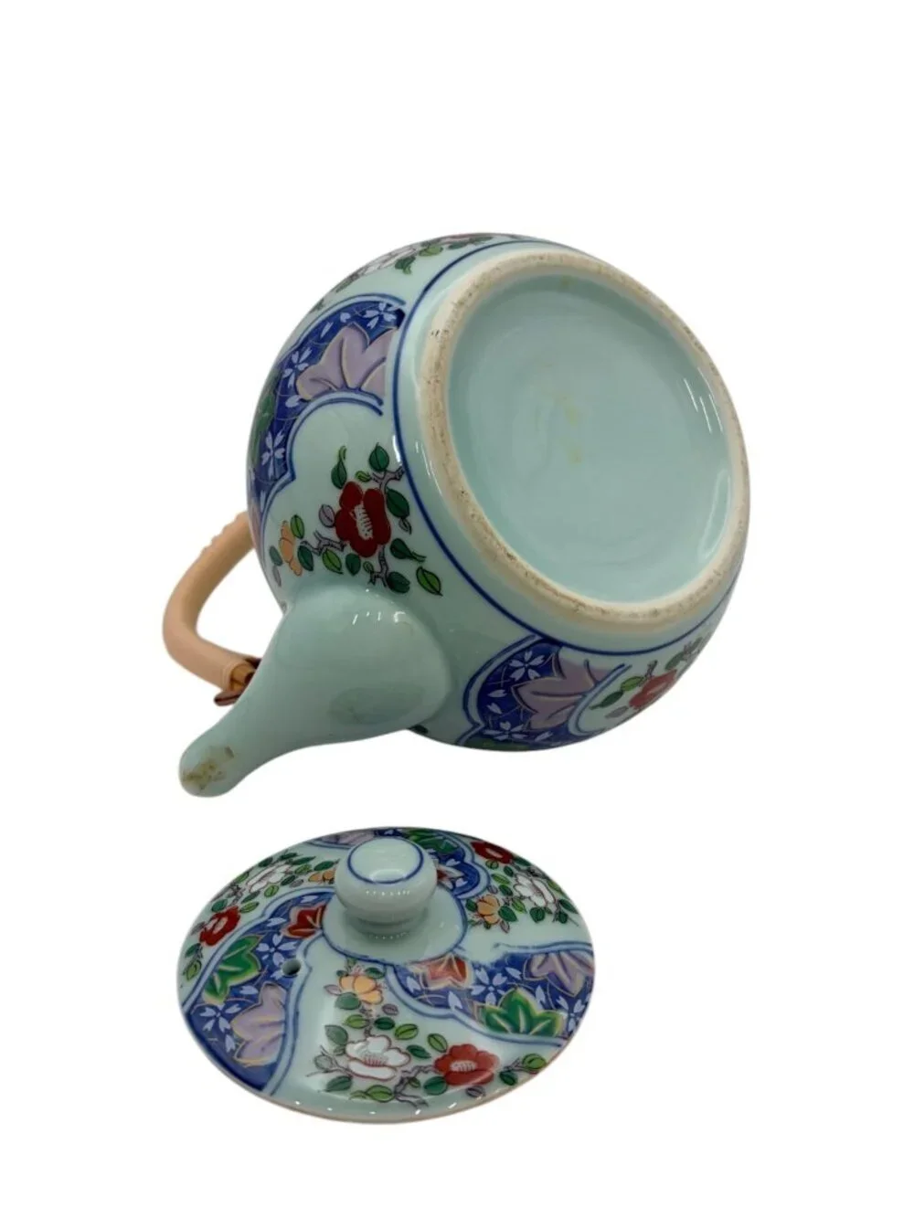 Arita Japan Kyusu Teapot Hand Painted Floral Porcelain Rattan Handle 6.25”